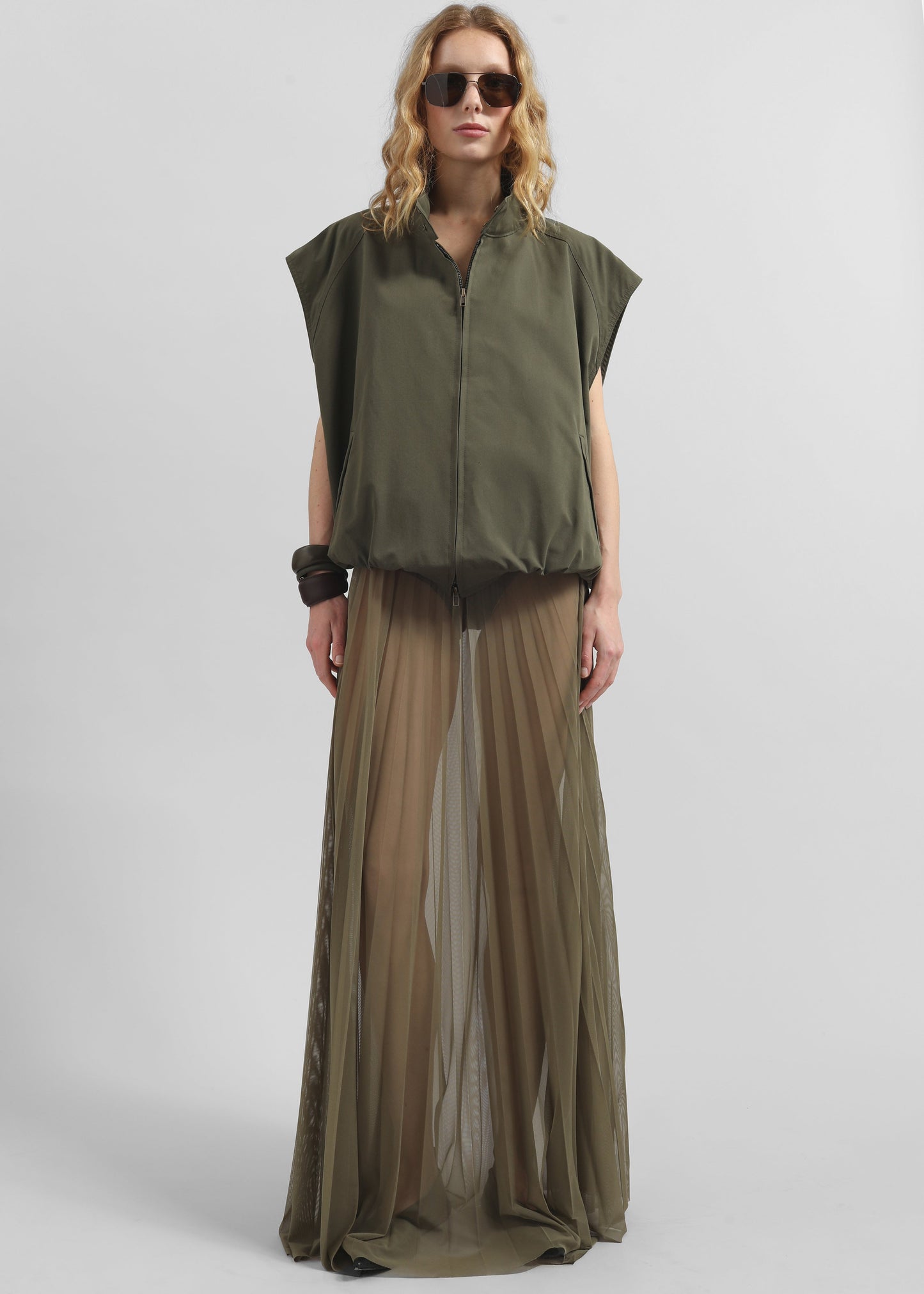 Vallen Pleated Mesh Maxi Skirt - Khaki
