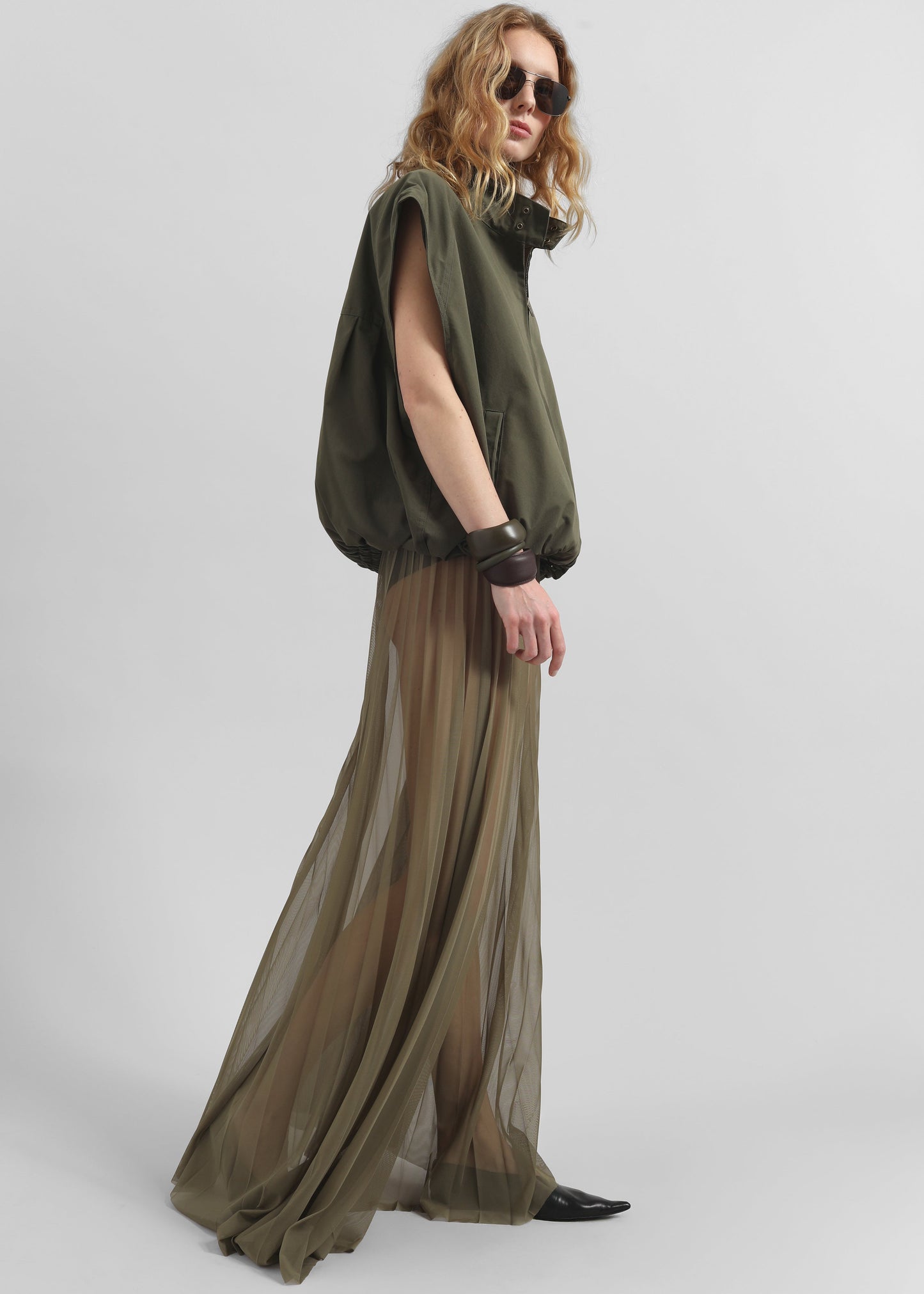 Vallen Pleated Mesh Maxi Skirt - Khaki