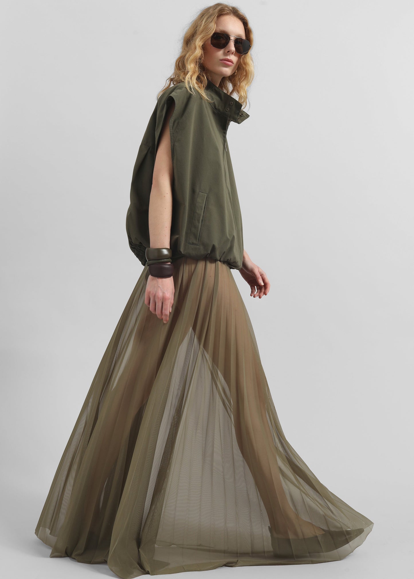 Vallen Pleated Mesh Maxi Skirt - Khaki