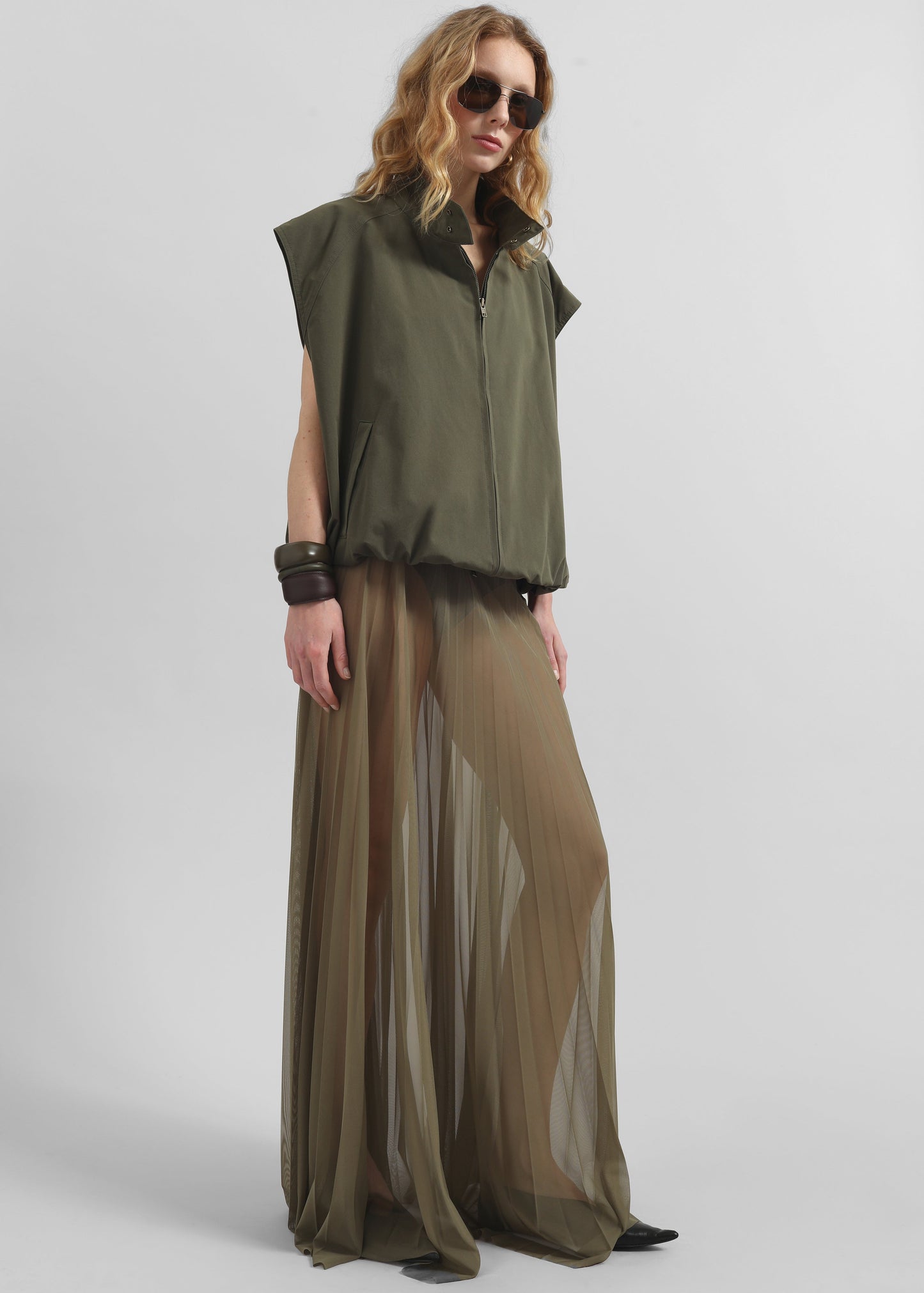 Vallen Pleated Mesh Maxi Skirt - Khaki