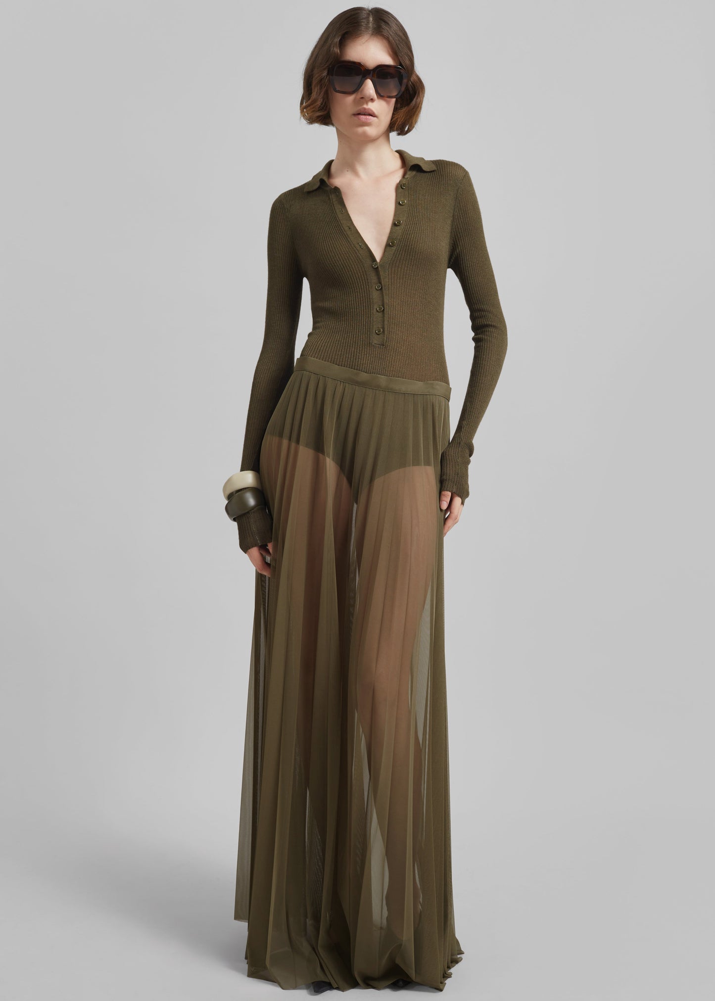 Vallen Pleated Mesh Maxi Skirt - Khaki
