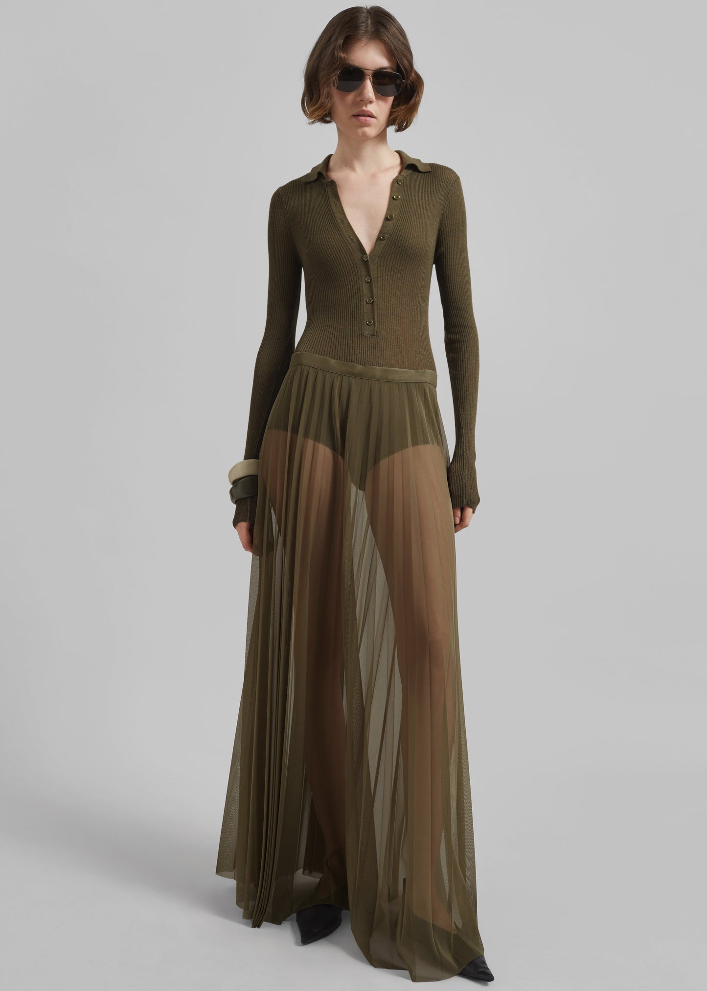Vallen Pleated Mesh Maxi Skirt - Khaki