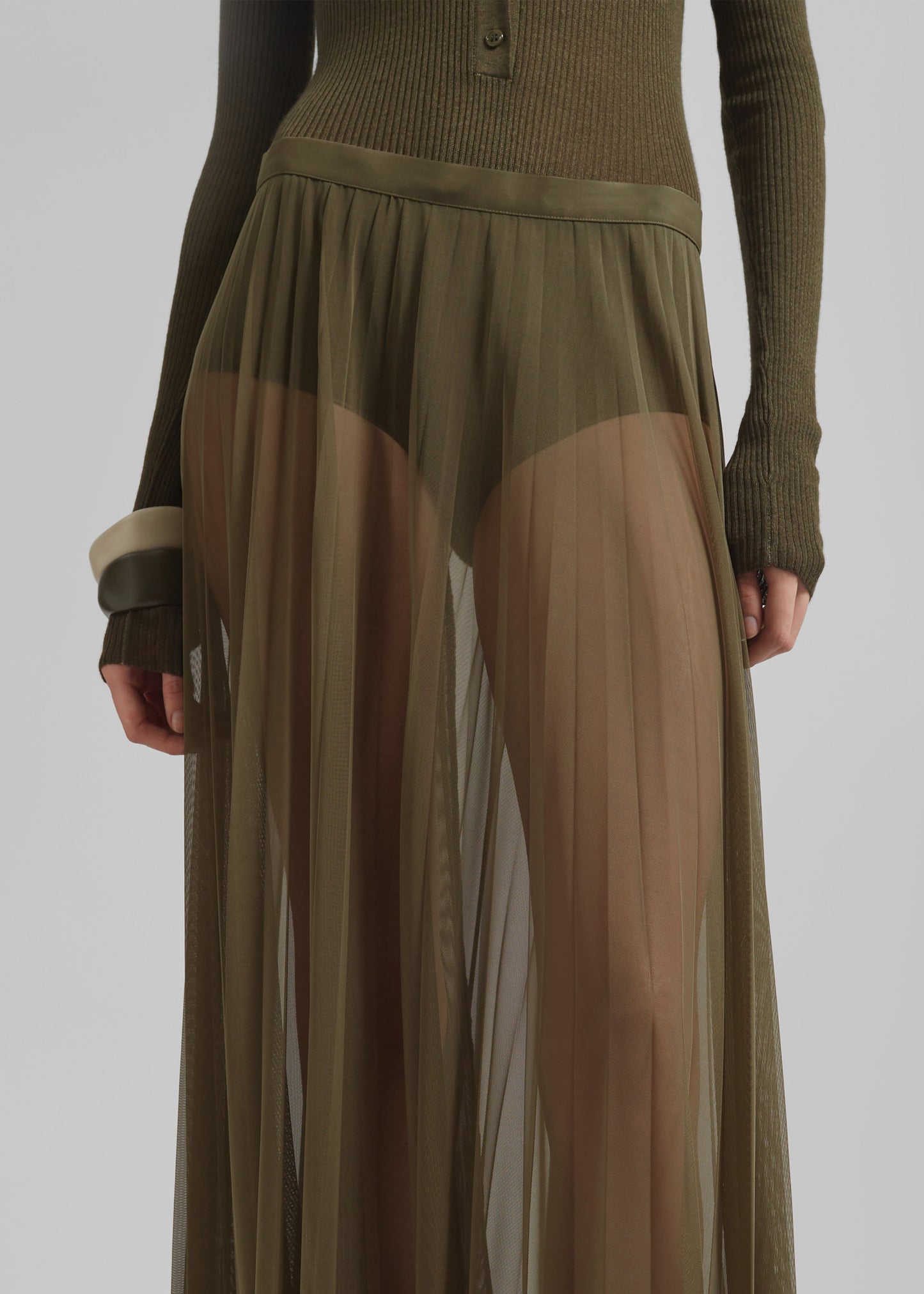 Vallen Pleated Mesh Maxi Skirt - Khaki