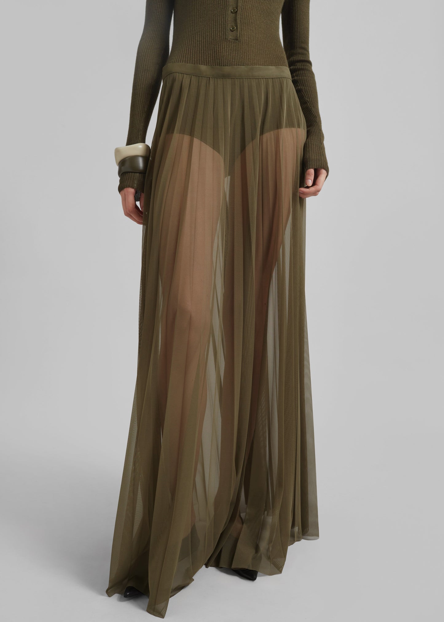Vallen Pleated Mesh Maxi Skirt - Khaki