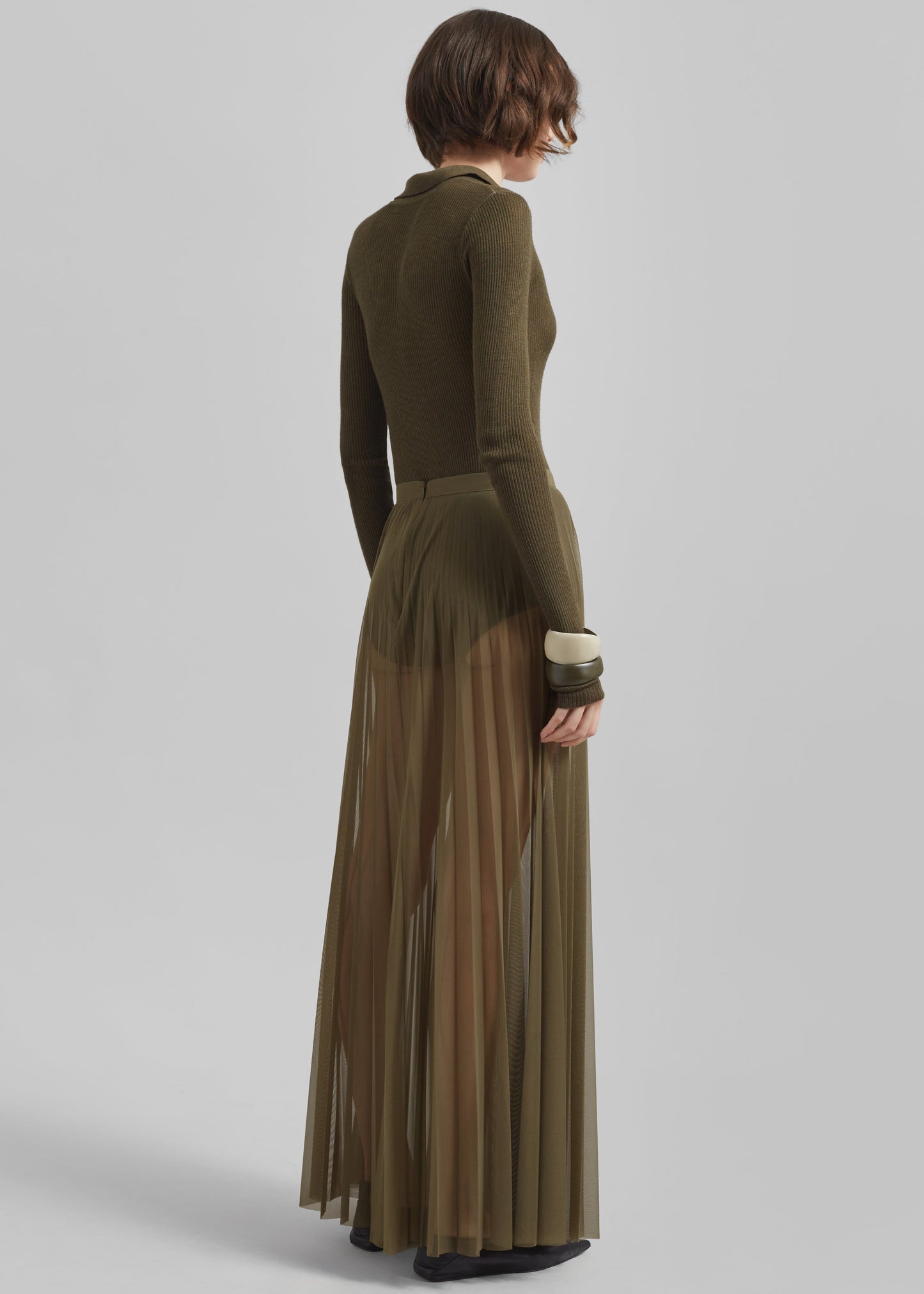 Vallen Pleated Mesh Maxi Skirt - Khaki